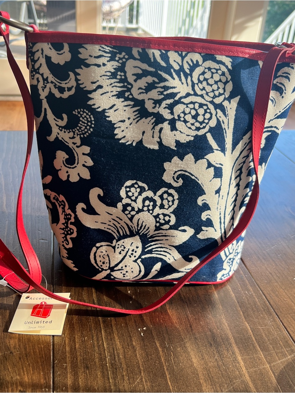 Accessories Unlimited-Maine Navy & White Floral Bucket Bag with Red Trim